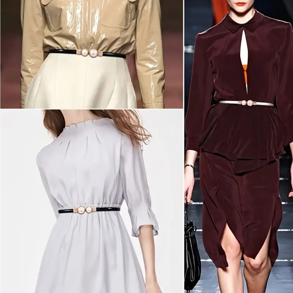 Thin Double Faux Pearl Buckle Solid Color‎ PU Leather Waist Thin Belt One Size